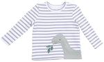 Angel Dear Baby Boy’s and Boys’ Long Sleeve Shirt features gray and white stripes with a playful dinosaur applique holding a leaf near the bottom hem, all crafted from soft organic cotton for all-day comfort.