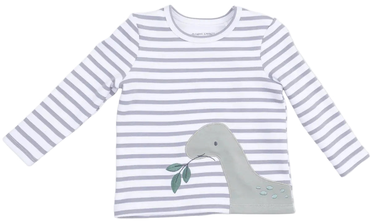 Angel Dear Baby Boy’s and Boys’ Long Sleeve Shirt features gray and white stripes with a playful dinosaur applique holding a leaf near the bottom hem, all crafted from soft organic cotton for all-day comfort.