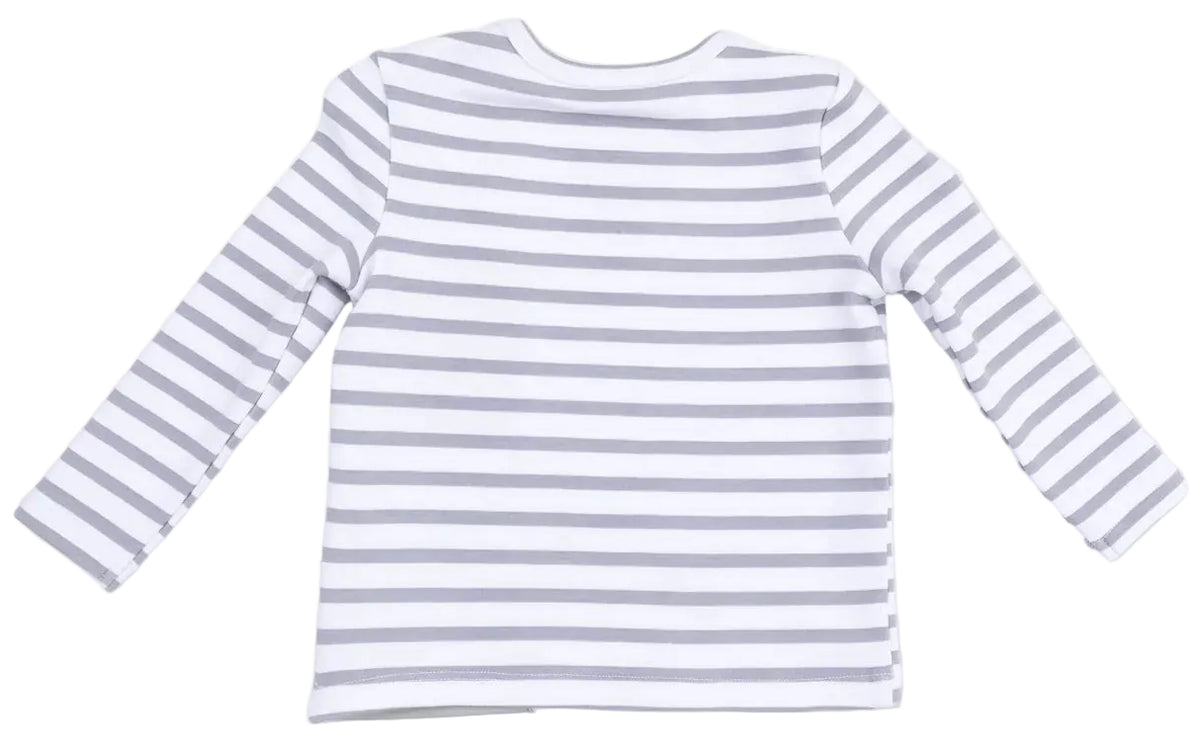 The Angel Dear Baby Boy’s and Boys’ Long Sleeve Shirt features horizontal gray and white stripes and is crafted from soft organic cotton, shown from the back against a plain white background.
