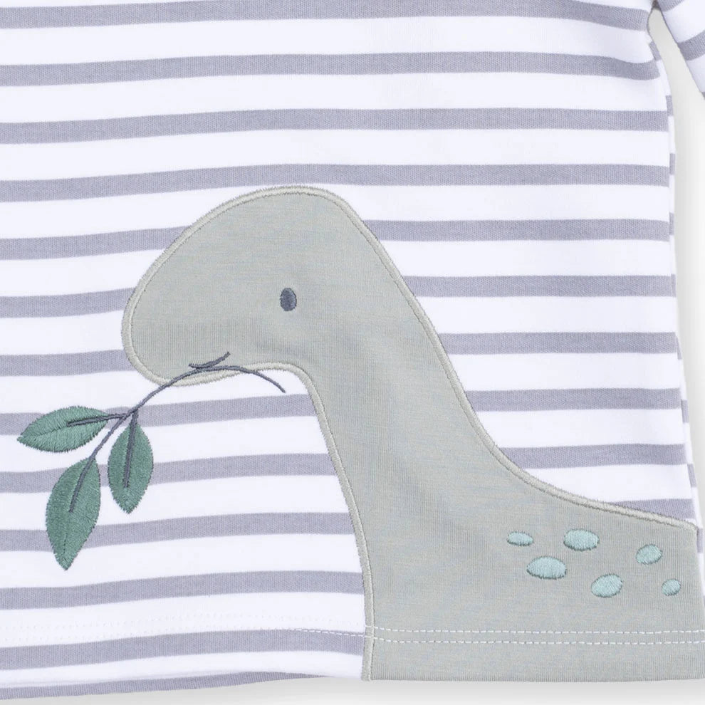The Angel Dear Baby Boy’s and Boys’ Long Sleeve Shirt features gray and white striped fabric accented with a playful dinosaur applique holding a green leafy branch in its mouth, making this top both fun and stylish.
