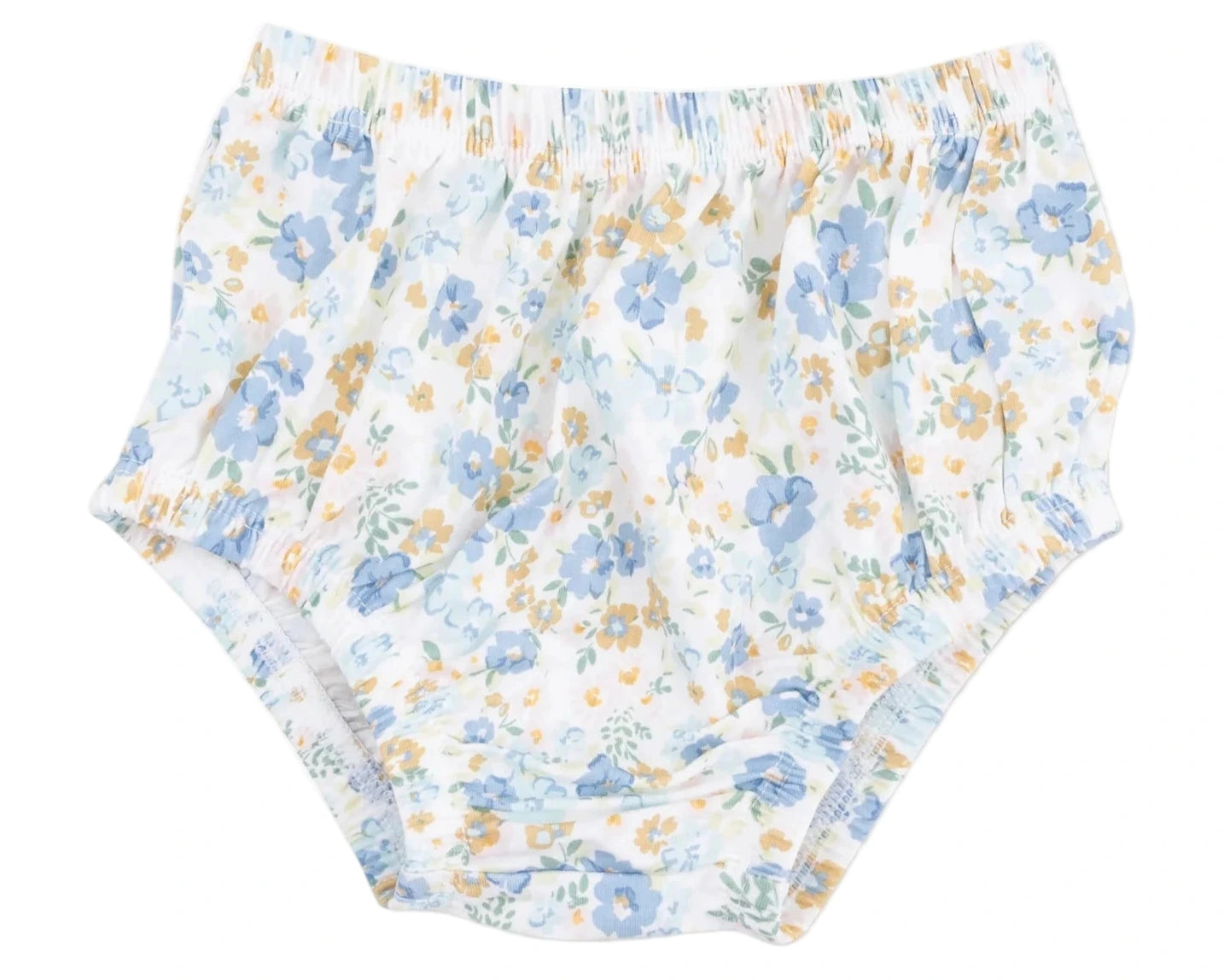 Angel Dear Baby Girls' Long Sleeve Petal Collar Dress and Bloomer features white bloomers with a blue and yellow floral pattern, plus an elastic waistband and leg openings for comfort. Perfectly pairs with the matching organic cotton dress.