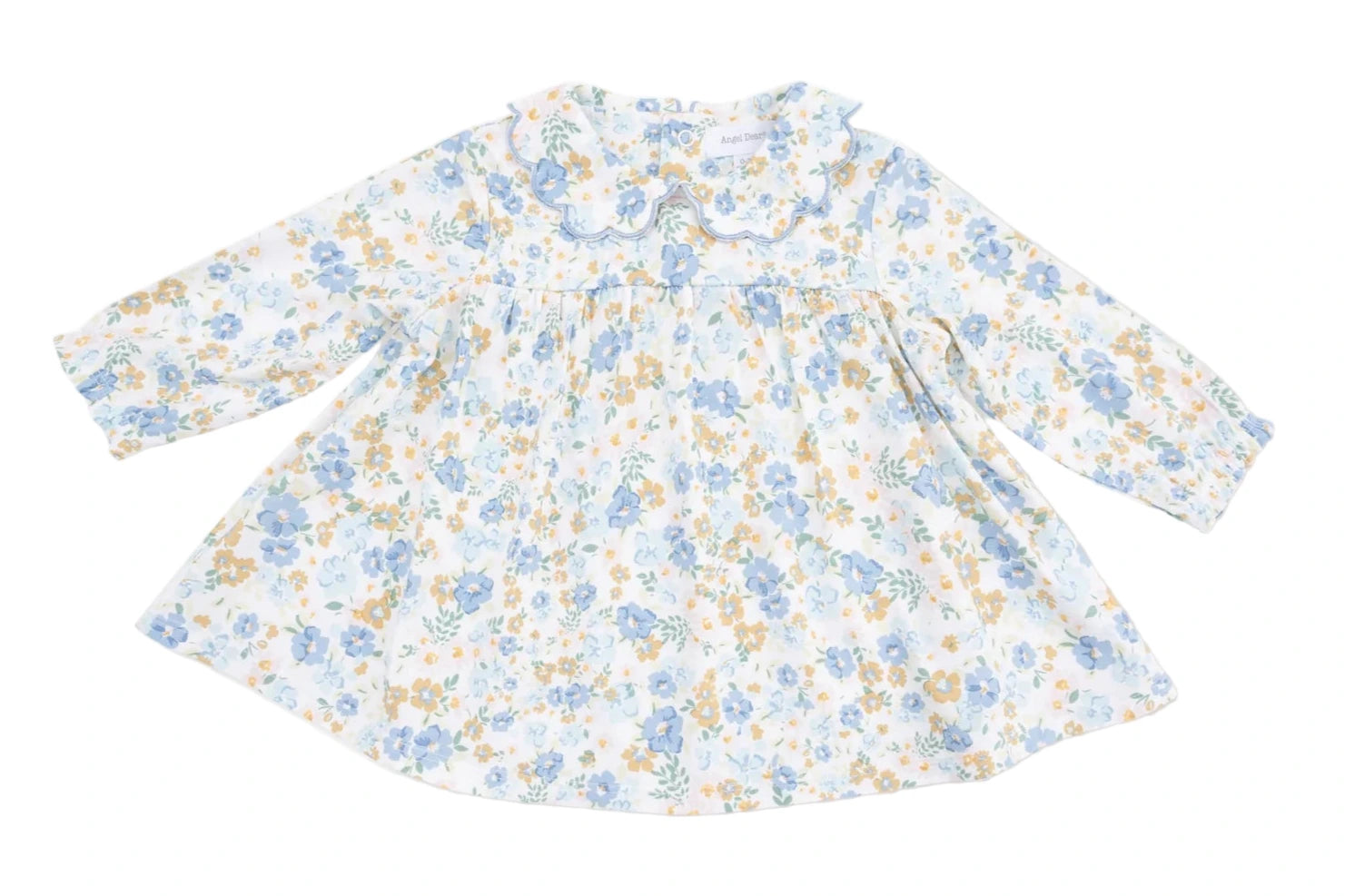 Angel Dear Baby Girls' Long Sleeve Petal Collar Dress and Bloomer in blue and yellow floral print, with ruffled collar and loose fit, shown on a white background.