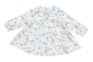 Angel Dear Baby Girls' Long Sleeve Petal Collar Dress and Bloomer in blue and yellow floral print, with ruffled collar and loose fit, shown on a white background.