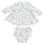 The Angel Dear Baby Girls' Long Sleeve Petal Collar Dress and Bloomer are made from soft organic cotton, featuring a blue and yellow floral print on white.