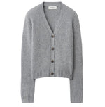 Lisa Yang Marionette Cardigan in gray, featuring a V-neckline, long sleeves, and ribbed cuffs and hem, displayed on a white background.