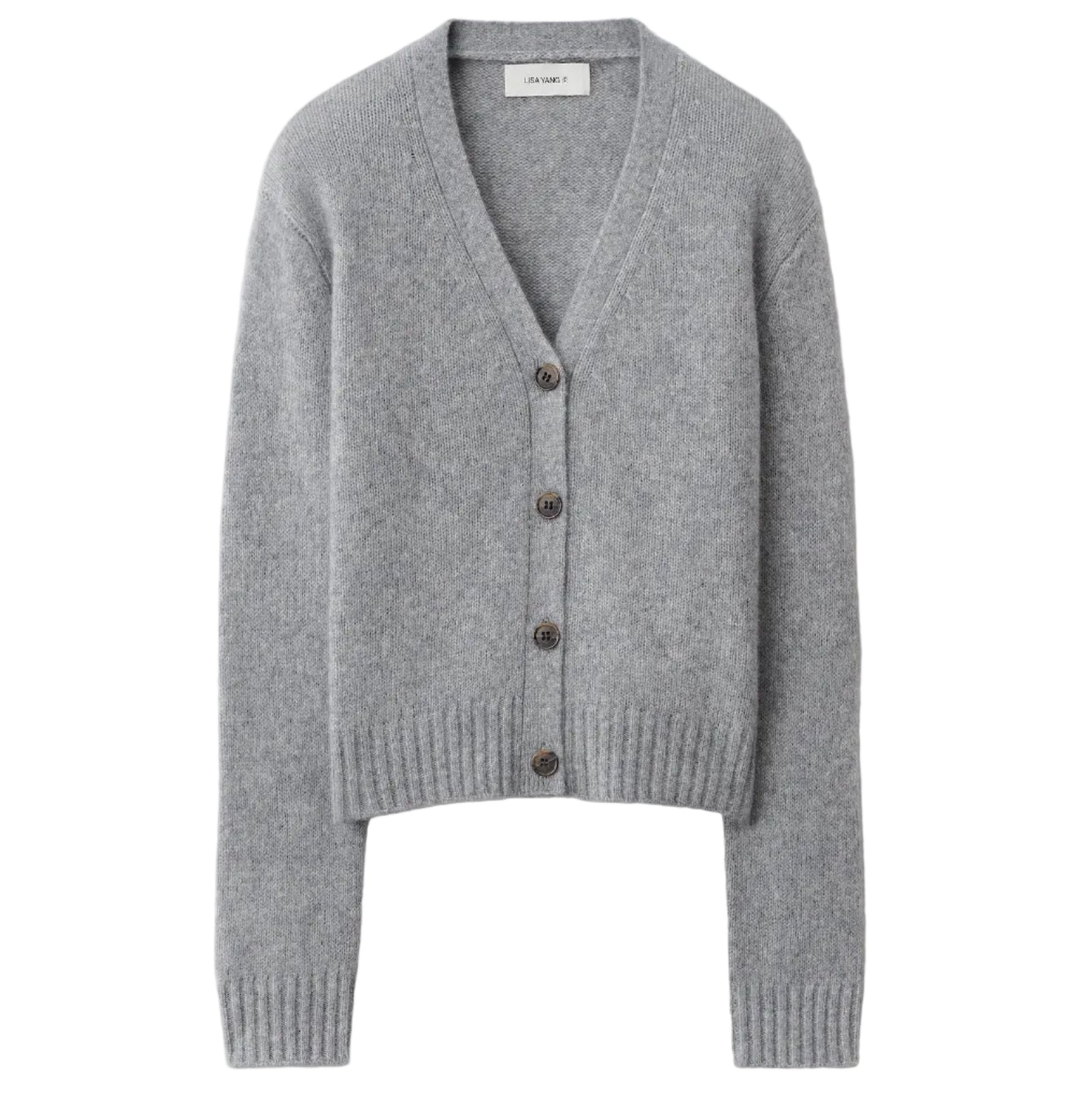 Lisa Yang Marionette Cardigan in gray, featuring a V-neckline, long sleeves, and ribbed cuffs and hem, displayed on a white background.
