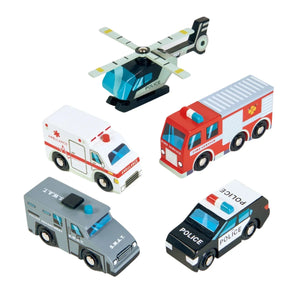 Introducing the Tender Leaf Emergency Vehicles by Tender Leaf Toys: a toy set showcasing solid wood vehicles such as a helicopter with rotating blades, an ambulance, a fire truck, a SWAT van, and a police car on a white background. Ideal for children aged 3 years and up.