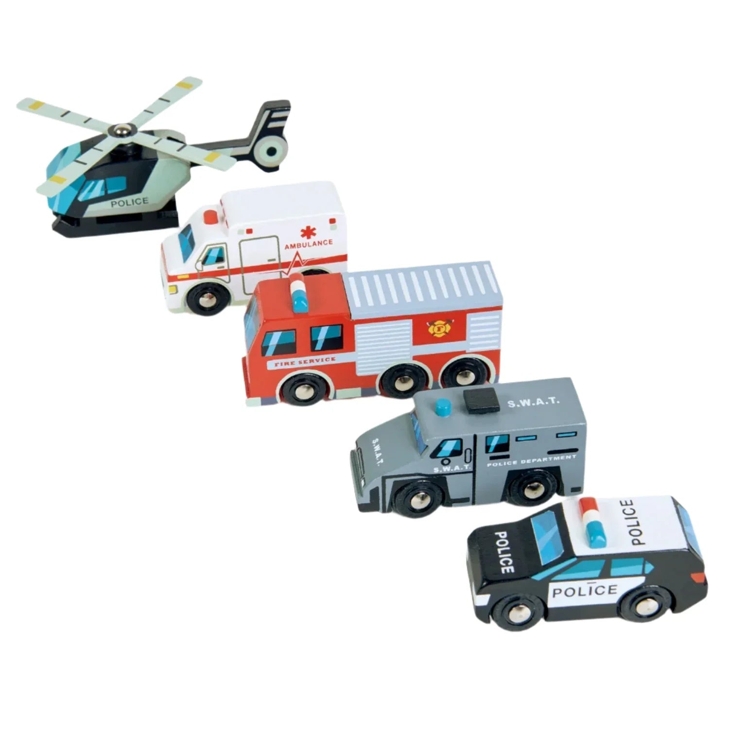 Tender Leaf Toys presents the Tender Leaf Emergency Vehicles set, which includes a helicopter with rotating blades, an ambulance, a fire truck, a SWAT van, and a police car. Each vehicle is expertly crafted from solid wood and beautifully displayed in a row on a white background. This set is perfect for children aged 3 and up.