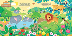 “Zoo Sounds” by Harper Collins features a lively zoo scene with elephants at a pond, lions, birds, a bus, monkeys, and vibrant wildlife—perfect for interactive children’s books about animals.