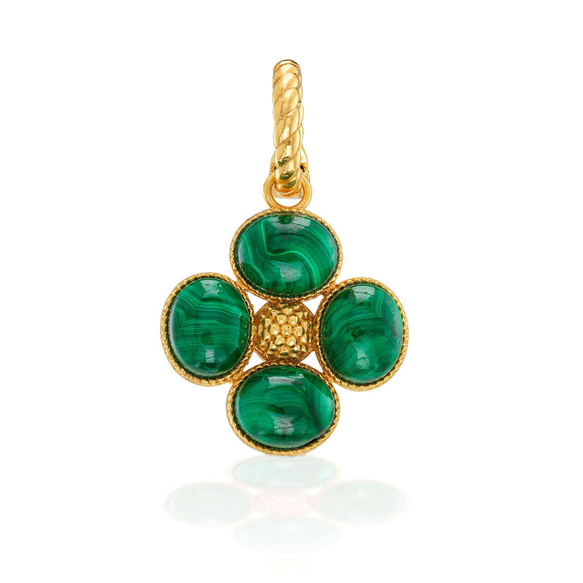 The Berry Clover Double Sided Pendant by Juliska Capucine De Wulf features four oval green stones in a floral clover design with a textured gold center and twisted bail—a stylish lucky charm displayed on a white background.