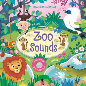 The "Zoo Sounds" book by Harper Collins features a colorful cover with zoo animals like monkey, lion, meerkats, crocodile, and bird, offering interactive fun for kids with animal sounds such as roar, ooh-ahh, squawk, and splash.