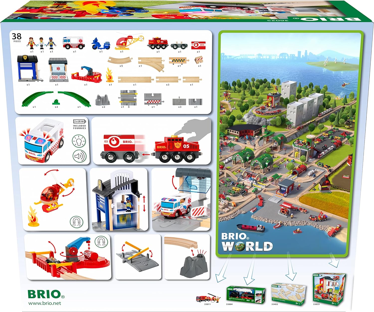 The packaging of the Brio BRIO World Rescue Team Train Set prominently displays its contents, which include fire trucks, tracks, and buildings. It also features detailed assembly instructions and an image of the fully assembled rescue-themed set.