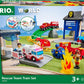 Box for the Brio BRIO World Rescue Team Train Set, showcasing a toy ambulance, fire truck, helicopter, and various rescue-themed elements suitable for children aged 3 and up.