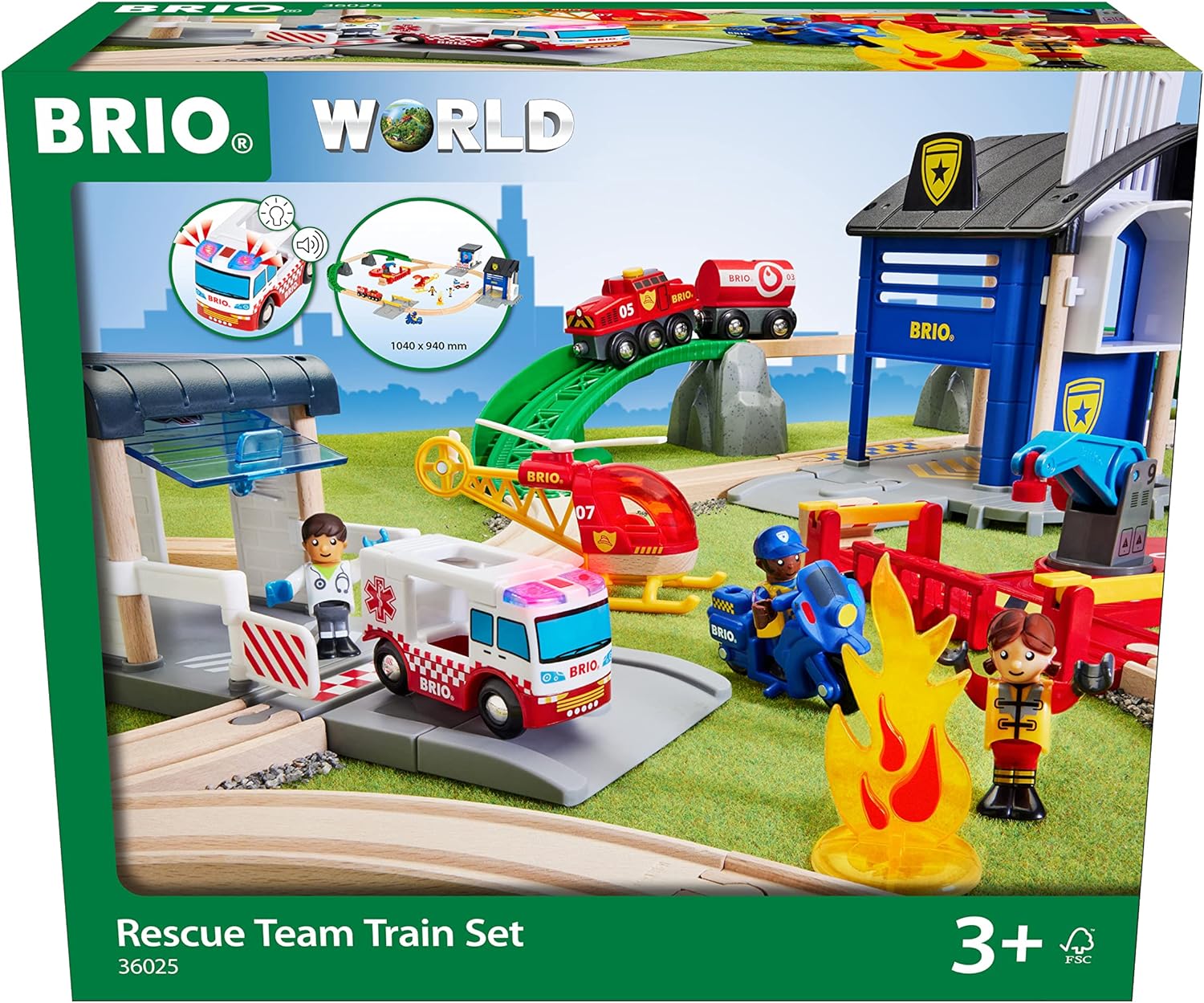 Box for the Brio BRIO World Rescue Team Train Set, showcasing a toy ambulance, fire truck, helicopter, and various rescue-themed elements suitable for children aged 3 and up.