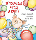 Delightful pig in pajamas with balloons, inspired by "If You Give a Pig a Party" from Harper Collins—a beloved children's book ideal for beginning readers.