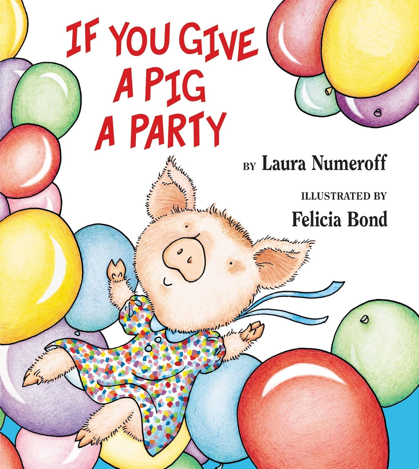 Delightful pig in pajamas with balloons, inspired by "If You Give a Pig a Party" from Harper Collins—a beloved children's book ideal for beginning readers.