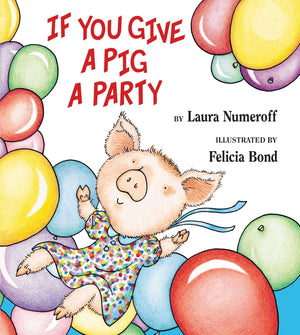 Delightful pig in pajamas with balloons, inspired by "If You Give a Pig a Party" from Harper Collins—a beloved children's book ideal for beginning readers.
