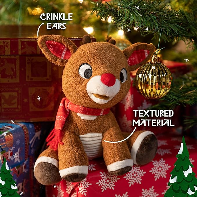 The Kids Preferred Rudolph Plush, inspired by Rudolph the Red Nosed Reindeer, features crinkle ears and textured fabric—making it a festive addition to your holiday décor or a delightful gift under the tree.