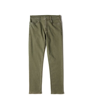 The Faherty Stretch Terry 5-Pocket Pant, shown in olive green slim-fit style and crafted from comfortable stretch terry fabric, is displayed laid flat on a white background.