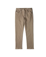 The Faherty Stretch Terry 5-Pocket Pant in slim-fit light brown features comfortable stretch terry fabric and is shown laid flat on a white background.