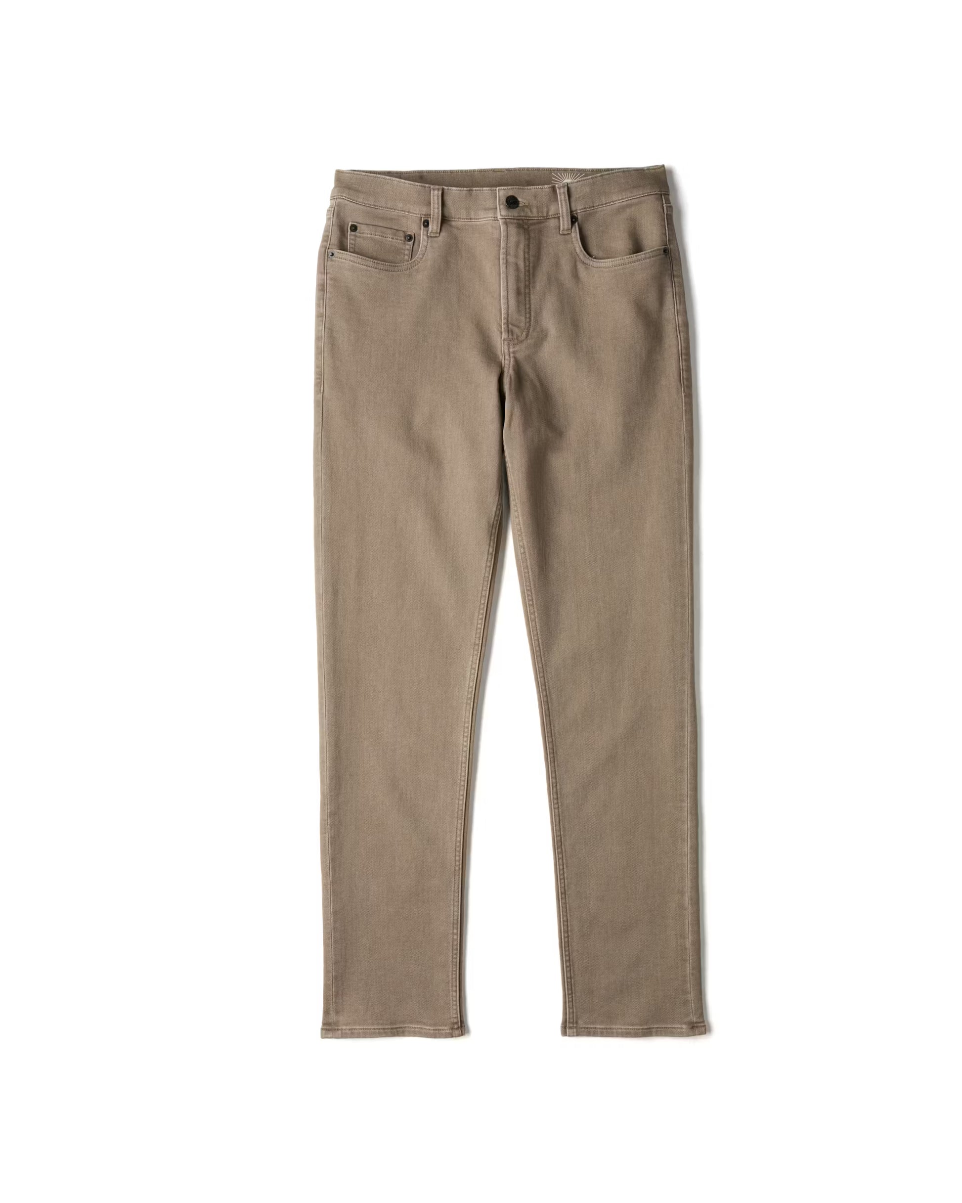 The Faherty Stretch Terry 5-Pocket Pant in slim-fit light brown features comfortable stretch terry fabric and is shown laid flat on a white background.