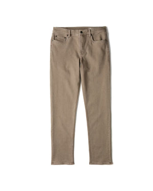 The Faherty Stretch Terry 5-Pocket Pant in slim-fit light brown features comfortable stretch terry fabric and is shown laid flat on a white background.