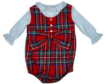 The Brown Bowen & Co. Lolli Bow Back Bubble in Tybee Tartan by Brown Bowen & Company is a festive red plaid baby romper with a classic silhouette, featuring a large bow on the front, white long sleeves, and a white collar.