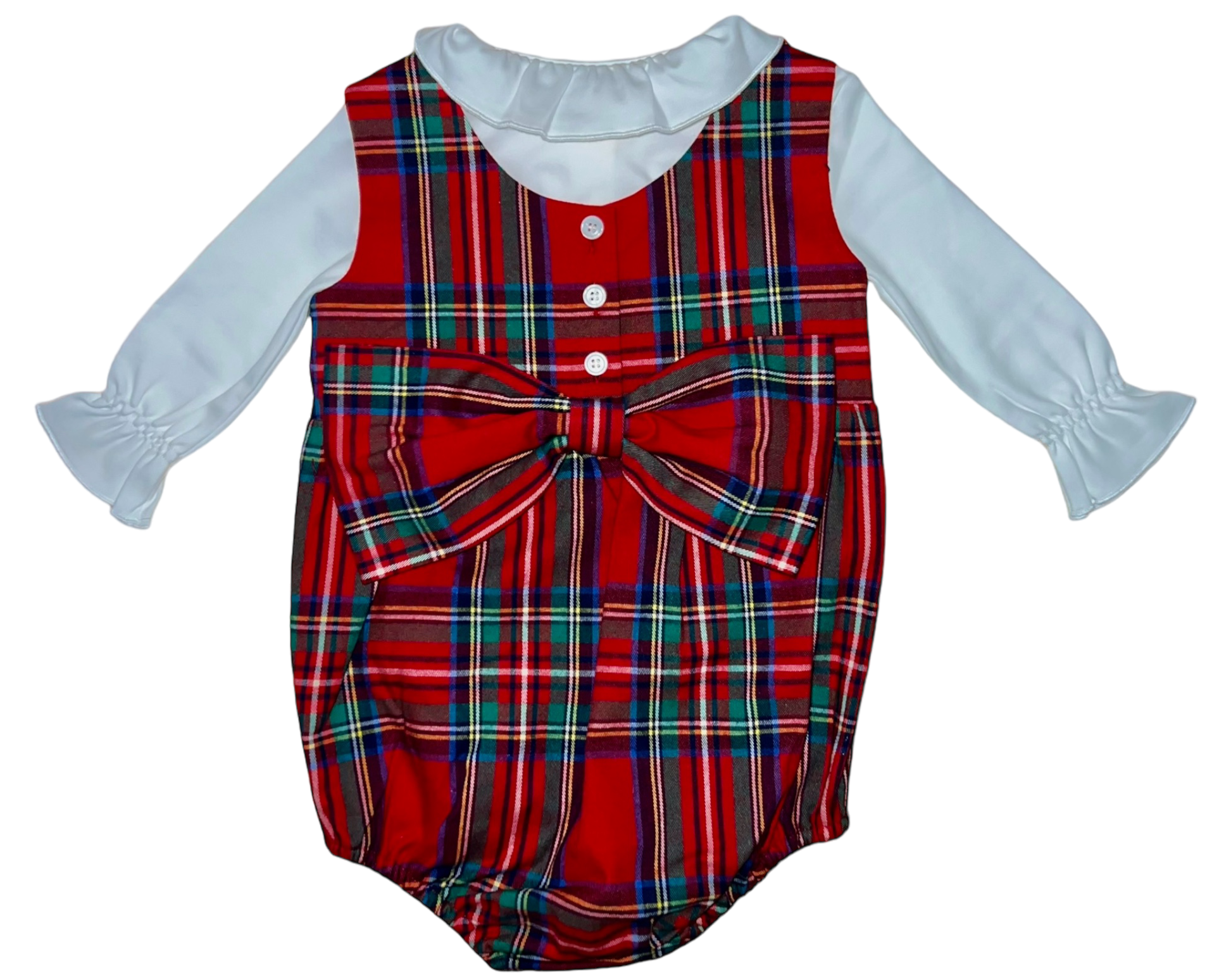 The Brown Bowen & Co. Lolli Bow Back Bubble in Tybee Tartan by Brown Bowen & Company is a festive red plaid baby romper with a classic silhouette, featuring a large bow on the front, white long sleeves, and a white collar.