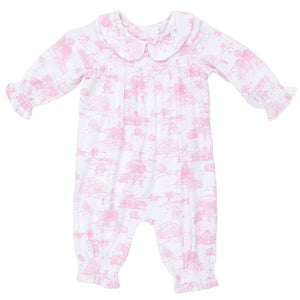 Angel Dear Baby Girls’ Smocked Long Sleeve Romper featuring a pink pastoral print, ruffled cuffs, and a classic Peter Pan collar, displayed on a plain white background.
