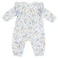 The Angel Dear Baby Girls' Petal Ruffle Romper features long sleeves and blue, yellow, and green floral prints on white—a stylish choice for your little one.