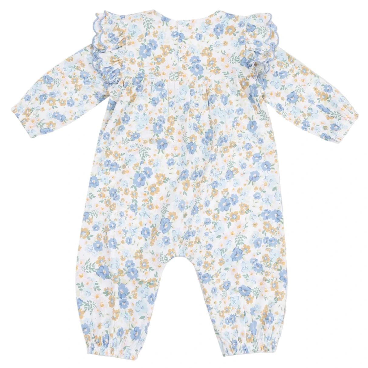 The Angel Dear Baby Girls' Petal Ruffle Romper features long sleeves and blue, yellow, and green floral prints on white—a stylish choice for your little one.