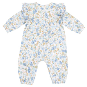 The Angel Dear Baby Girls' Petal Ruffle Romper features long sleeves and blue, yellow, and green floral prints on white—a stylish choice for your little one.