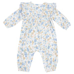 The Angel Dear Baby Girls' Petal Ruffle Romper features a blue and yellow floral print, ruffled shoulders, and a gathered bodice—perfect for your little one.
