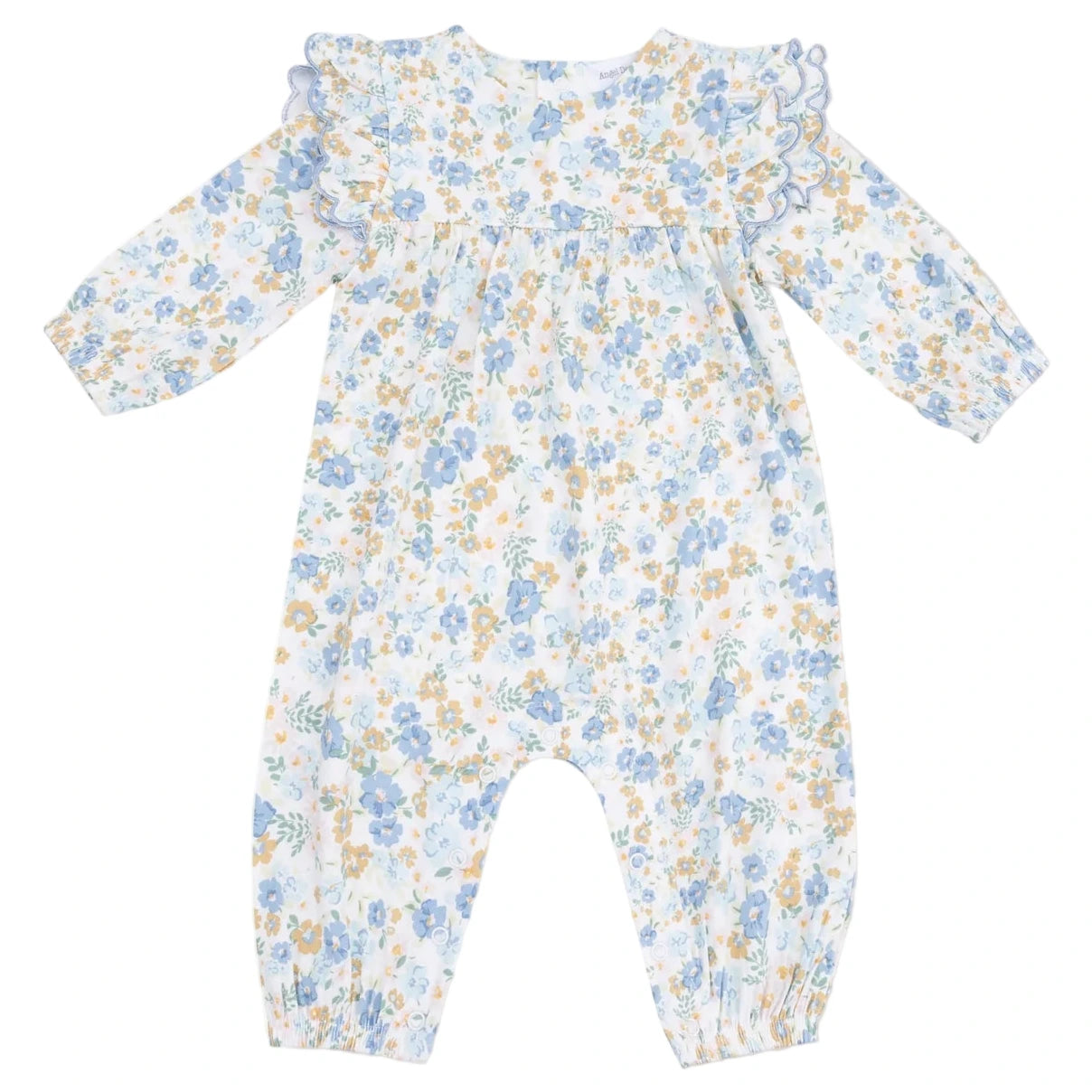 The Angel Dear Baby Girls' Petal Ruffle Romper features a blue and yellow floral print, ruffled shoulders, and a gathered bodice—perfect for your little one.