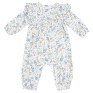 The Angel Dear Baby Girls' Petal Ruffle Romper features a blue and yellow floral print, ruffled shoulders, and a gathered bodice—perfect for your little one.