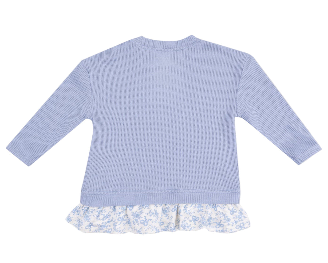 Angel Dear Baby Girls' Waffle Ruffle Pullover features a light purple knit with a white floral ruffle hem and pairs perfectly with bow-appliqued rib leggings for a comfy, stylish look.