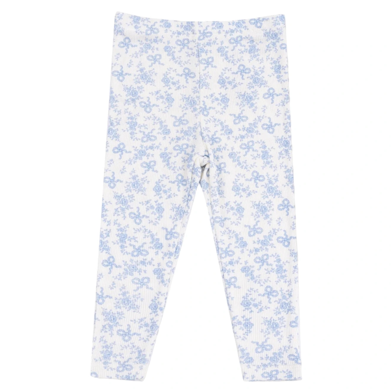The Angel Dear Baby Girls' Waffle Ruffle Pullover & Rib Bow Applique with Rib Leggings features white ribbed leggings with a light blue floral and bow print—a comfy, stylish everyday choice.