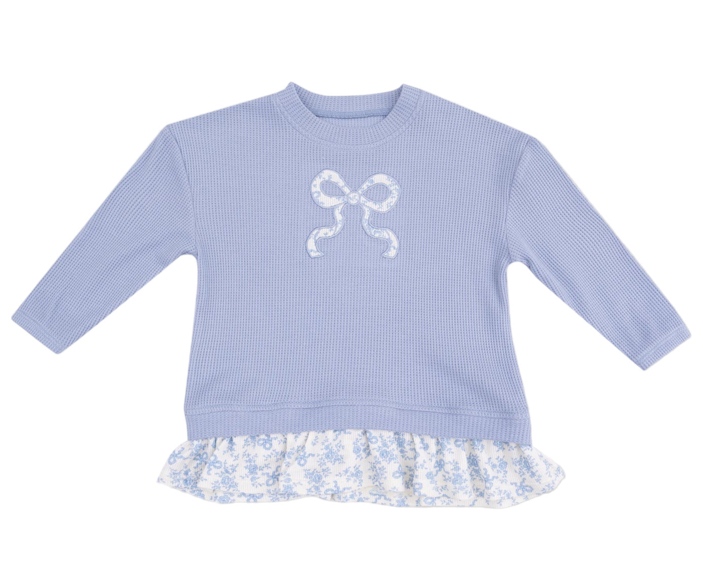 The Angel Dear Baby Girls' Waffle Ruffle Pull Over features a white bow applique and floral ruffle hem, offering comfort and style—perfect to pair with the matching rib leggings for an adorable, coordinated look.
