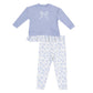 The Angel Dear Baby Girls' Waffle Ruffle Pull Over & Rib Bow Applique with Rib Leggings set features a comfy lavender top with bow and ruffled hem, paired with white ribbed leggings accented by a lavender floral design.