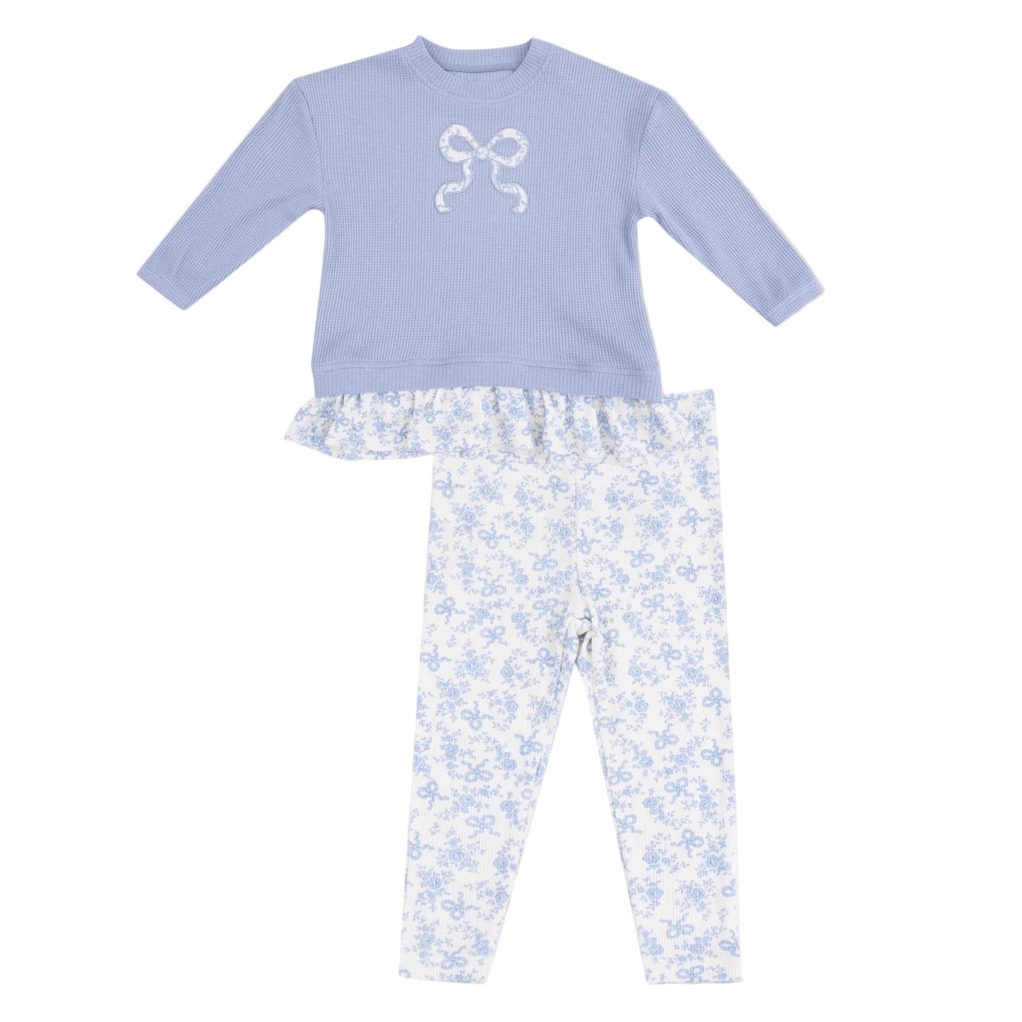 The Angel Dear Baby Girls' Waffle Ruffle Pull Over & Rib Bow Applique with Rib Leggings set features a comfy lavender top with bow and ruffled hem, paired with white ribbed leggings accented by a lavender floral design.