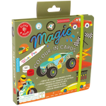 Introducing the Floss and Rock Magic Color Changing Water Cards - Cars: a boxed set featuring vibrant racing car illustrations, reusable cards that reveal colors with water, and a water pen. With its yellow elastic closure, this travel-friendly toy is perfect for children on the go.