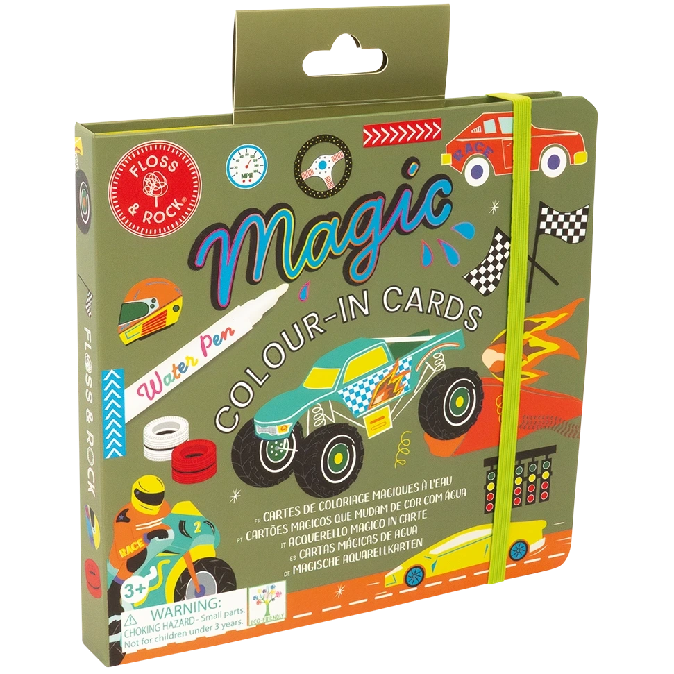 Introducing the Floss and Rock Magic Color Changing Water Cards - Cars: a boxed set featuring vibrant racing car illustrations, reusable cards that reveal colors with water, and a water pen. With its yellow elastic closure, this travel-friendly toy is perfect for children on the go.
