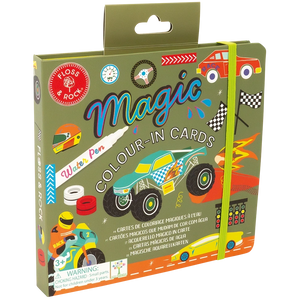 Introducing the Floss and Rock Magic Color Changing Water Cards - Cars: a boxed set featuring vibrant racing car illustrations, reusable cards that reveal colors with water, and a water pen. With its yellow elastic closure, this travel-friendly toy is perfect for children on the go.