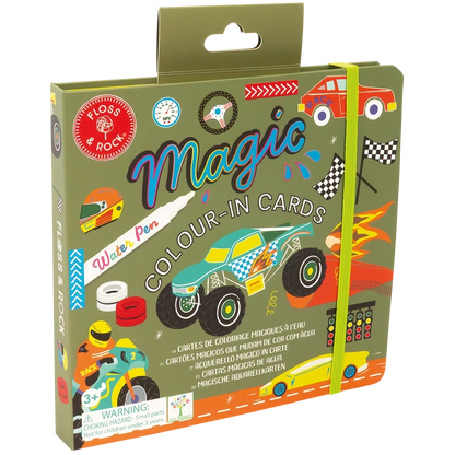 Introducing the Floss and Rock Magic Color Changing Water Cards - Cars: a boxed set featuring vibrant racing car illustrations, reusable cards that reveal colors with water, and a water pen. With its yellow elastic closure, this travel-friendly toy is perfect for children on the go.