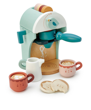 A Tenderleaf Babyccino Maker with a cup of coffee and a slice of bread, perfect for pretend play.