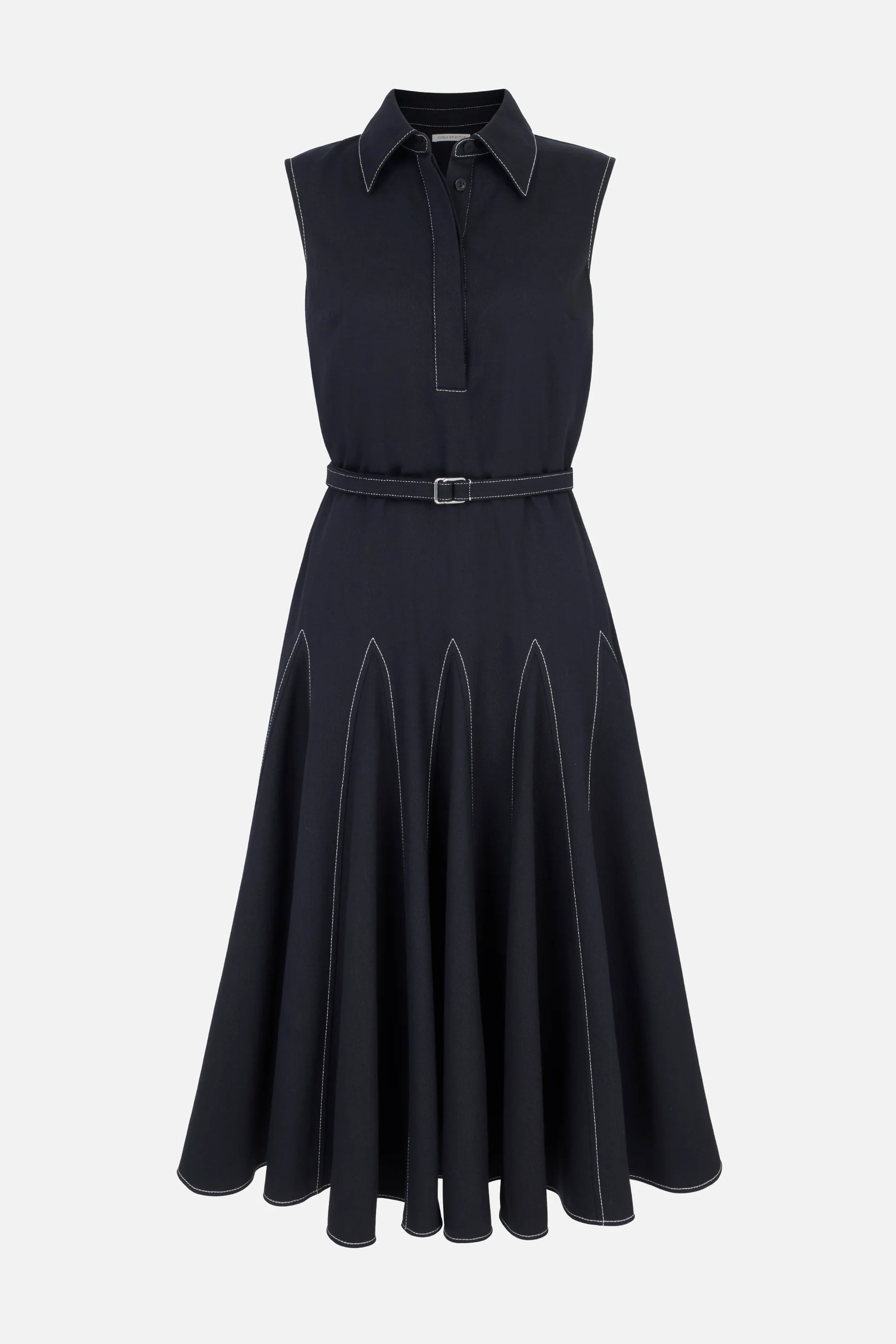 Elevate your wardrobe with the Monique Denim Dress by Emilia Wickstead—a sleeveless black midi dress featuring a chic collared neckline, button placket, belted waist, and a flared skirt accented with striking white contrast stitching.