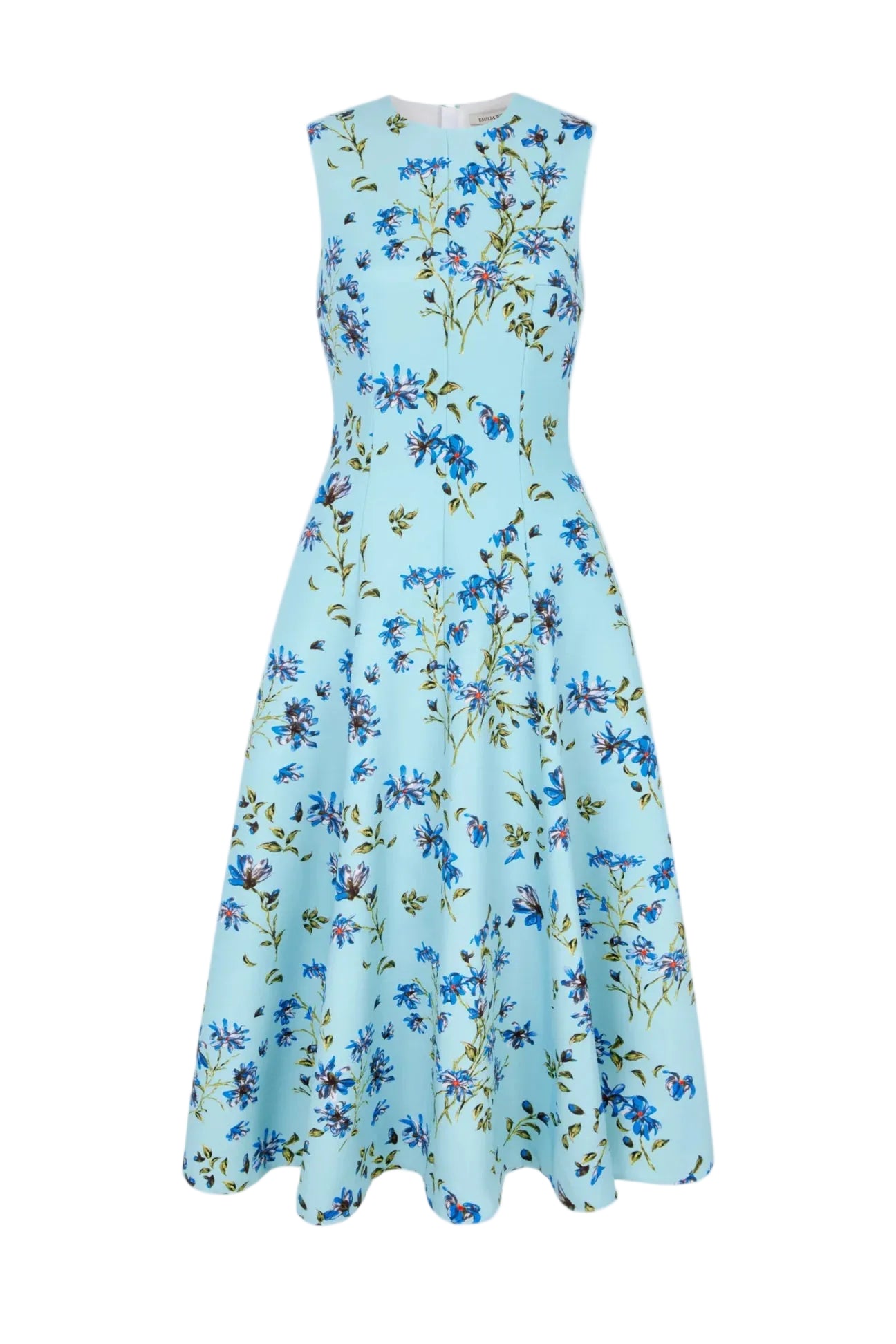 Introducing the Mara Magnolia Dress by Emilia Wickstead—a sleeveless, light blue A-line midi dress with a fitted bodice and flared skirt, beautifully decorated with a blue magnolia and green leaf print throughout.