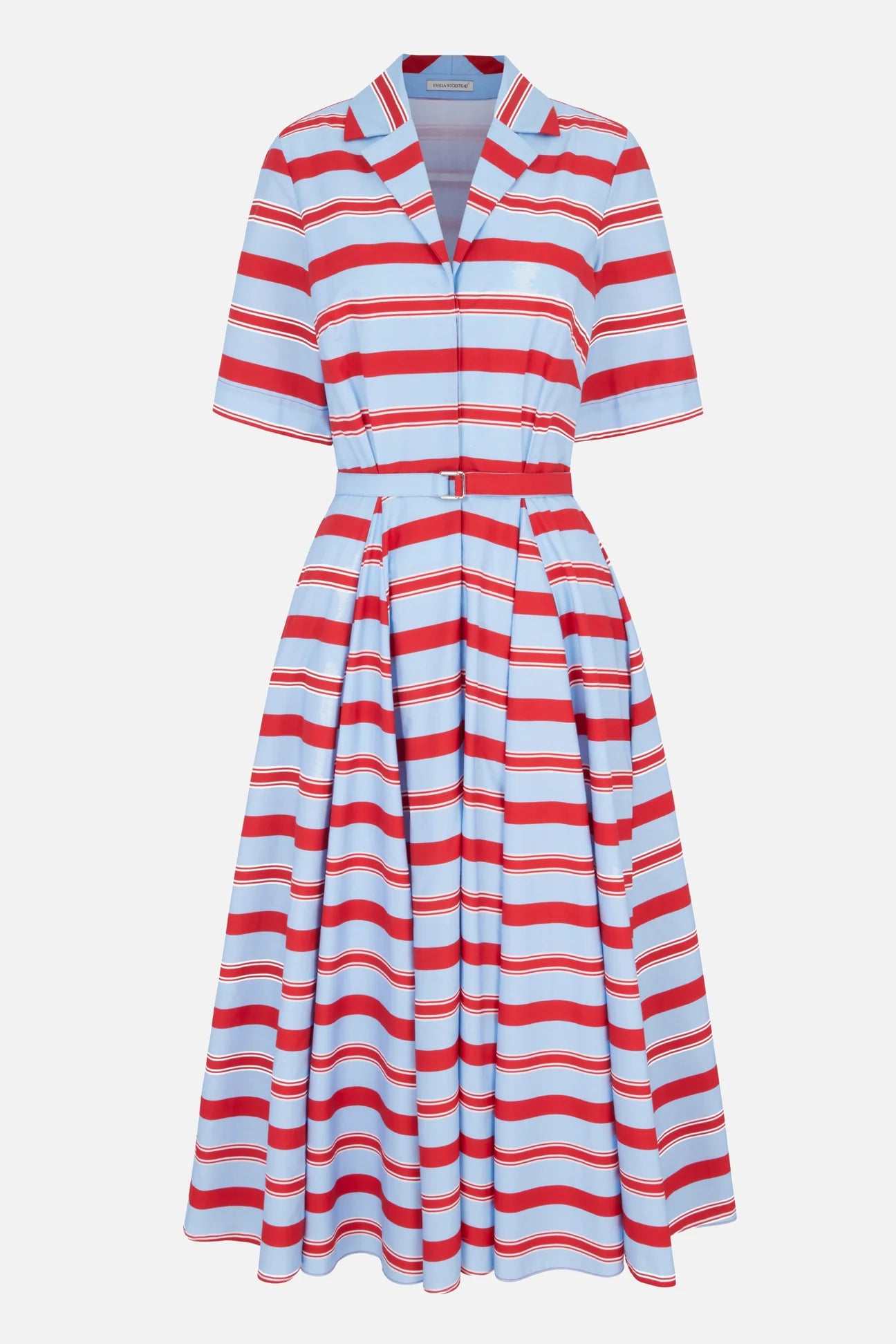 The Mella Bayadere Stripe Dress by Emilia Wickstead is a knee-length cotton shirt dress with short sleeves, a collared neckline, a belted waist, and a button-down front. Featuring horizontal red, white, and light blue stripes, this classic summer dress offers effortless style.