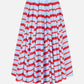 The Rhea Skirt by Emilia Wickstead is a knee-length, flared skirt featuring horizontal red and light blue stripes, displayed against a white background.