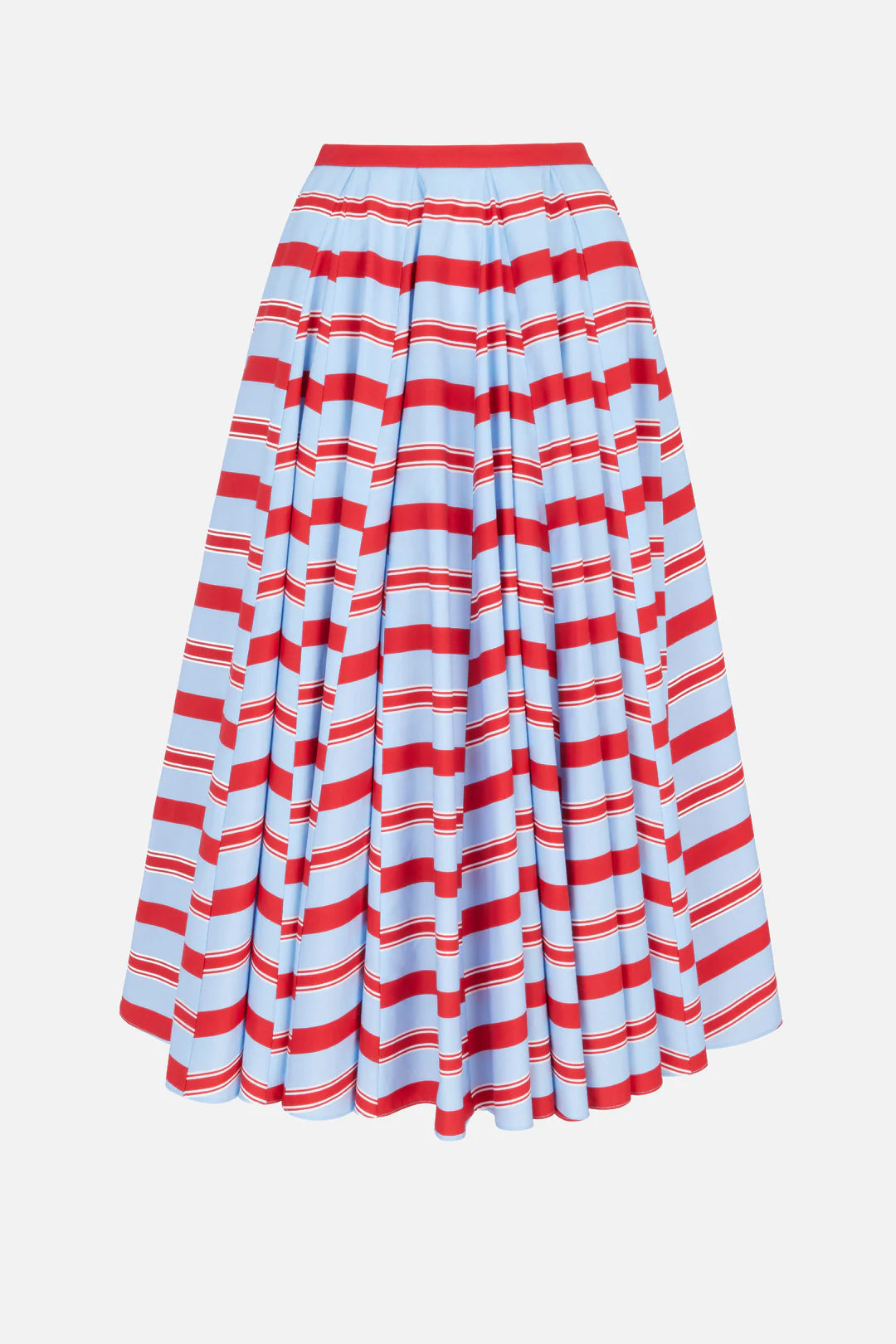 The Rhea Skirt by Emilia Wickstead is a knee-length, flared skirt featuring horizontal red and light blue stripes, displayed against a white background.